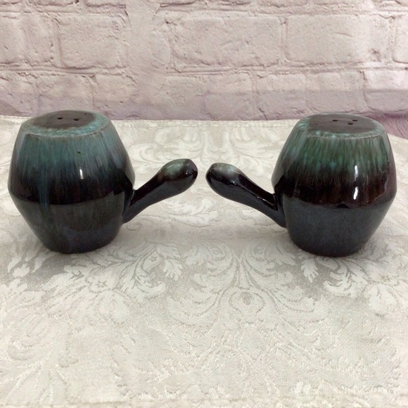 Vintage Ceramic Blue and Brown Drip Glaze Handled Salt and Pepper Shaker Set - Picture 3 of 7